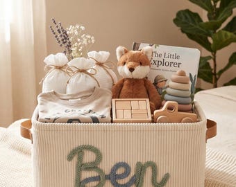 Personalized Embroidery Baby Storage Hamper Basket | Custom Embroidered Nursery Basket | Baby Toy Hamper Bakset | Baby Shower Knitted Basket