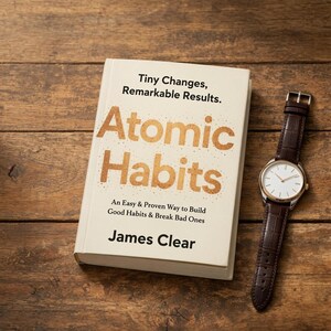Könnte beinhalten: Ein gebundenes Buch mit dem Titel Atomic Habits von James Clear mit cremefarbenem Einband und goldener Schrift, begleitet von einer Armbanduhr mit weißem Zifferblatt, goldfarbener Lünette und dunkelbraunem Lederarmband.