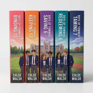 以下が含まれることがあります： クロエ・ウォルシュ著『Boys of Tommen』シリーズの書籍5冊。赤、オレンジ、紫、ティール、ダークブルーの背表紙には、タイトル、シリーズ名、著者名、そして学校の運動場にいる生徒たちのイラストが描かれています。