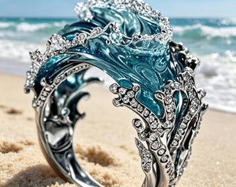 Handgemachter Glas Ocean Wave Ring: Chunky Mermaidschmuck Halskette, Ring und Ohrring Set