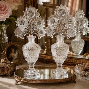 May include: Two clear glass perfume bottles with square bases and rounded bodies featuring etched floral patterns. Each bottle is topped with a decorative glass stopper shaped like a cluster of three sunflowers with textured centers and petals.