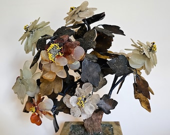 Vintage Chinese Jade Bonsai Tree with Semi-Precious Stones