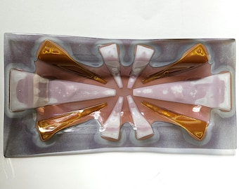 1960s Higgins Art Glass Fused Tray, Signed, Mid Century Modern Starburst Design