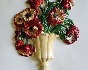 Vintage Hubley Cast Iron Painted Floral Doorstop “Poppies” 1920s