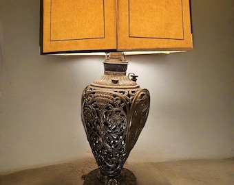 Vintage Reticulated Brass Converted Kerosene Lamp
