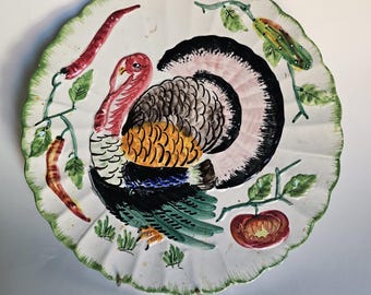 Vintage Handpainted Embossed Ceramic Turkey Platter
