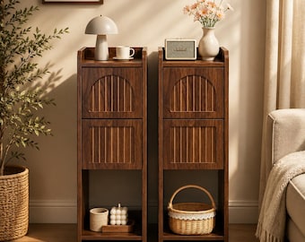 Handmade Narrow Wooden Nightstand Set of 2 Mid Century Bedside End Tables with 2 Drawers   Slim End Tables for Bedroom Living Room