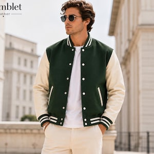 Men's Wool Varsity Jacket, Genuine Leather Sleeves, Letterman Bomber, College