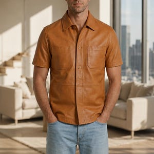 May include: A short-sleeved tan leather shirt featuring a classic collar, a button-down front, and two chest pockets, paired with light blue denim jeans. The shirt has a horizontal seam across the midsection and a straight hemline.