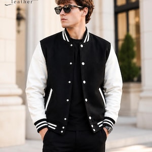Men's Black Wool Varsity Jacket with White Leather Sleeves Letterman