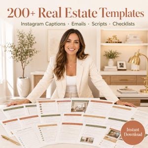 May include: A collection of printed real estate templates featuring Instagram captions, emails, scripts, and checklists. The text 200+ Real Estate Templates is displayed at the top, and a circular badge reads Instant Download in the bottom right corner.