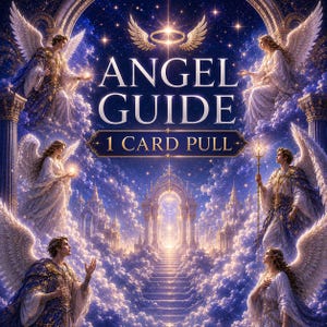 Puede incluir: Un gráfico digital con el texto ANGEL GUIDE 1 CARD PULL, rodeado por seis figuras aladas con túnicas blancas y azules. La escena representa un paisaje celestial con un arco central brillante, columnas de piedra y un cielo estrellado.