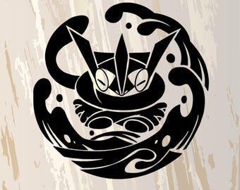 May include: A black graphic illustration of a stylized creature with pointed ears and large eyes, centered within a circular swirling water motif. The design features bold, solid black lines and shapes against a light, textured beige background.