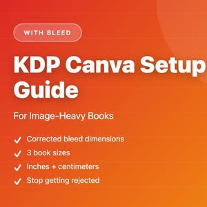 Può includere: Un grafico digitale con sfondo a gradiente arancione che presenta il testo KDP Canva Setup Guide For Image-Heavy Books. Include un pulsante con l'etichetta WITH BLEED e un elenco di caratteristiche: Corrected bleed dimensions, 3 book sizes, Inches + centimeters e Stop getting rejected.