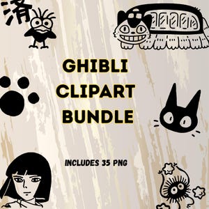 以下が含まれることがあります： GHIBLI CLIPART BUNDLE INCLUDES 35 PNGというタイトルのデジタルグラフィックコレクション。黒い線画で描かれた様々なアニメキャラクター、猫のような生き物、足跡、人物が、ベージュのテクスチャ背景に配置されています。