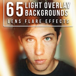 May include: A digital graphic featuring the text 65 LIGHT OVERLAY BACKGROUNDS LENS FLARE EFFECTS in a white rectangular frame. The background shows a portrait of a person with dark hair and freckles, surrounded by glowing orange and yellow light flares.