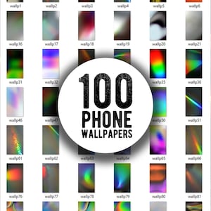 May include: A digital collection of 100 phone wallpapers featuring a variety of abstract designs, light refractions, and vibrant rainbow gradients. Each individual thumbnail displays unique colour patterns, light streaks, and textures.