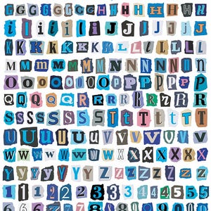 Könnte beinhalten: Eine Sammlung einzelner Buchstaben, Zahlen und Symbole, die im Stil eines Erpresserbriefs aus verschiedenen Papieren ausgeschnitten wurden. Die Zeichen weisen unterschiedliche Schriftarten, Farben und Texturen auf, darunter Blau-, Schwarz-, Weiß-, Braun- und Rosatöne.
