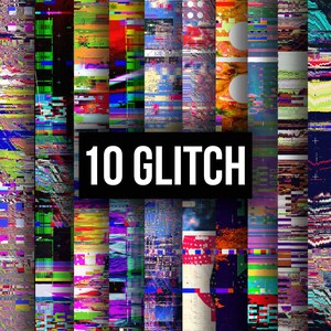May include: A collection of ten vertical panels featuring various digital glitch patterns in vibrant colors including red, blue, green, and yellow. A black rectangular overlay in the center displays the white text 10 GLITCH in a bold sans-serif font.