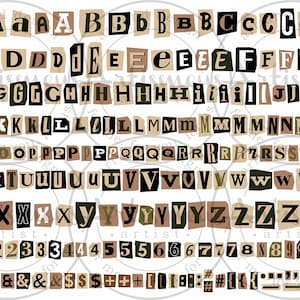 Ransom Note Alphabet, Brown Retro Magazine Cutout Letters and Numbers, Vector Scrapbook Collage Typography