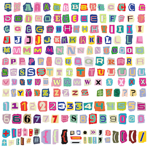 Könnte beinhalten: Eine Sammlung von Buchstaben, Zahlen und Symbolen im Erpresserbrief-Stil, die aus verschiedenen bunten Zeitschriften und Zeitungen ausgeschnitten wurden. Das Set enthält mehrere Varianten jedes Zeichens in verschiedenen Schriftarten und Farben.