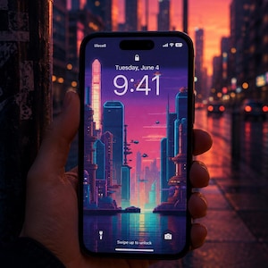 May include: A black smartphone displaying a lock screen with a digital clock showing 9:41, the date Tuesday, June 4, and a vibrant purple and orange futuristic cityscape wallpaper featuring tall buildings and flying vehicles over water.