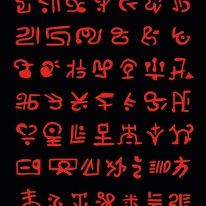 Op de afbeelding: Een rechthoekige zwarte poster met een raster van gestileerde rode symbolen gerangschikt in acht horizontale rijen. De symbolen zijn abstract, lineair en geometrisch van ontwerp en lijken op een fictief of oud schrift op een zwarte achtergrond.