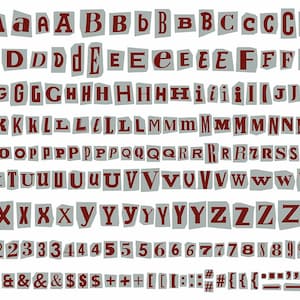 May include: A collection of individual letters, numbers, and punctuation marks cut from paper in a ransom note style. Each character is printed in a dark red serif font on a light grey, jagged-edged rectangular paper scrap, arranged in rows.