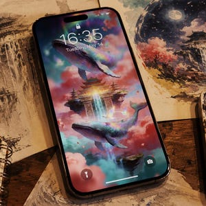 May include: A smartphone displaying a lock screen with a digital illustration of two whales swimming through pink clouds and past a traditional pagoda. The screen shows the time 16:35 and the date Tuesday, May 14, with a flashlight and camera icon.