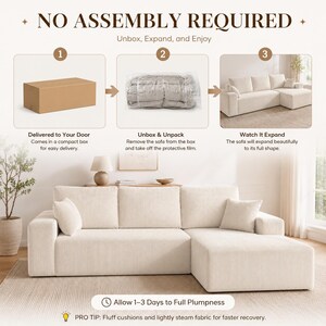 May include: A cream-colored sectional sofa with a corduroy texture, featuring a chaise lounge and two square throw pillows. An instructional graphic above shows three steps: a cardboard box, a vacuum-sealed sofa, and the fully expanded sofa.