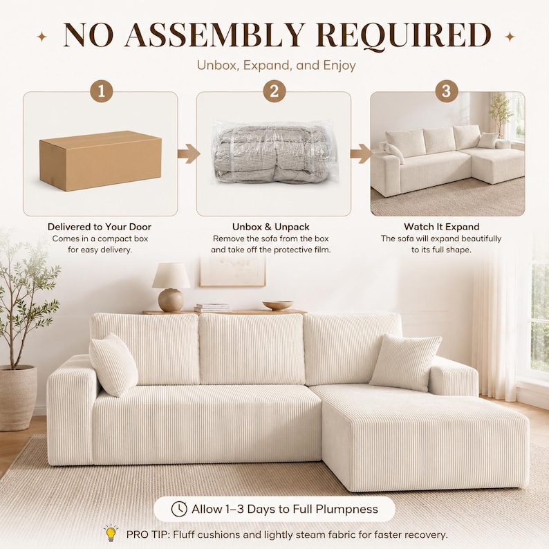 May include: A cream-colored sectional sofa with a corduroy texture, featuring a chaise lounge and two square throw pillows. An instructional graphic above shows three steps: a cardboard box, a vacuum-sealed sofa, and the fully expanded sofa.