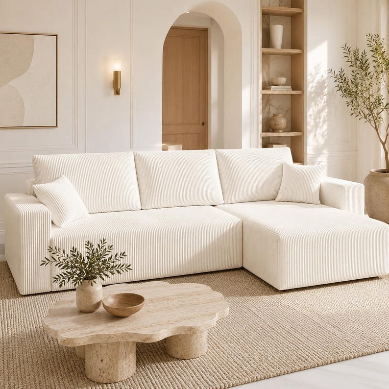 May include: A cream-colored corduroy sectional sofa with a chaise lounge and two matching square throw pillows. In front of the sofa sits a low, cloud-shaped beige stone coffee table with a textured surface and two cylindrical pedestal bases.