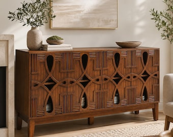 60" Mid Century Sideboard Buffet Cabinet, Walnut Storage Credenza with Carved Doors & Adjustable Shelves