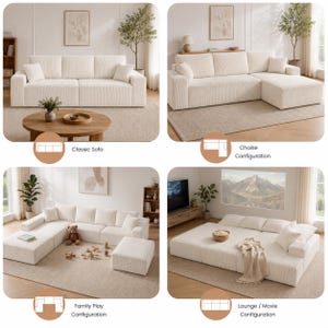 May include: A modular off-white sofa shown in four configurations: a classic three-seat sofa, a chaise lounge setup, a family play arrangement with an ottoman, and a flat lounge movie configuration. The sofa features a textured fabric and square cushions.