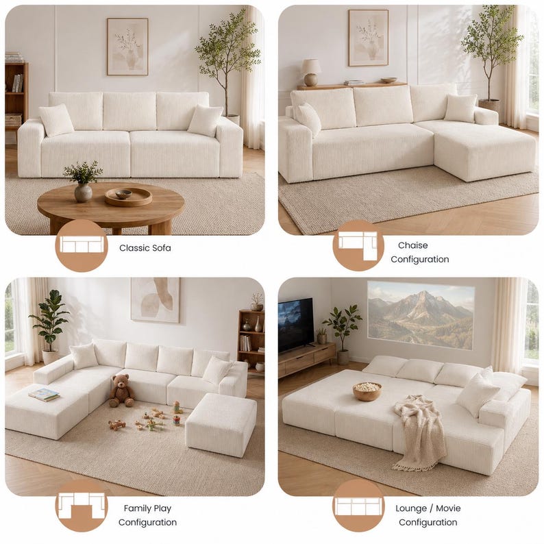 May include: A modular off-white sofa shown in four configurations: a classic three-seat sofa, a chaise lounge setup, a family play arrangement with an ottoman, and a flat lounge movie configuration. The sofa features a textured fabric and square cushions.
