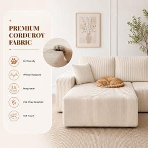 May include: A cream-colored corduroy sofa cover with a textured ribbed surface. The image includes text stating PREMIUM CORDUROY FABRIC and lists features like Pet Friendly, Wrinkle-Resistant, Breathable, Cat-Claw Resistant, and Soft Touch.
