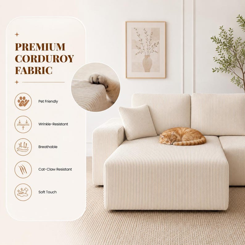 May include: A cream-colored corduroy sofa cover with a textured ribbed surface. The image includes text stating PREMIUM CORDUROY FABRIC and lists features like Pet Friendly, Wrinkle-Resistant, Breathable, Cat-Claw Resistant, and Soft Touch.