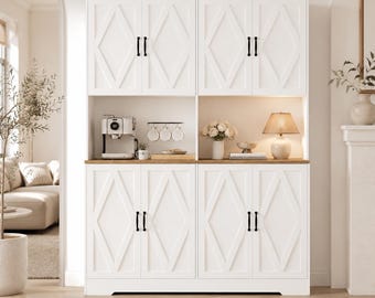 White Farmhouse Pantry Cabinet, 71" Hutch, 2 Countertops, Diamond Doors