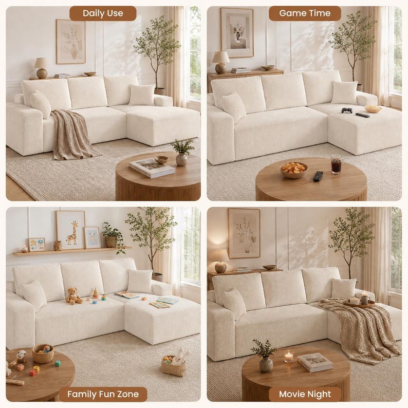 May include: A cream-colored sectional sofa with a textured corduroy fabric, featuring a chaise lounge, multiple back cushions, and square throw pillows, shown in four different living room arrangements with various decorative accessories.