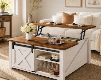 Farmhouse Lift Top Coffee Table, Square Storage Table, Hidden Compartment, Adjustable Shelves