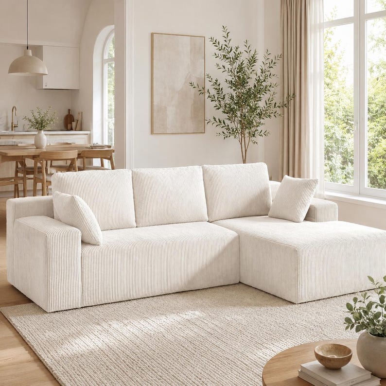 May include: A cream-colored sectional sofa upholstered in a textured corduroy fabric. The sofa features three large back cushions, a chaise lounge section on the right side, and two small square throw pillows placed at the ends of the seating area.