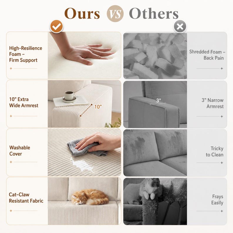 May include: A comparison chart titled Ours vs Others showing sofa features. It highlights high-resilience foam, a 10-inch wide armrest, a washable cover, and cat-claw resistant fabric versus shredded foam, a 3-inch armrest, and fraying fabric.