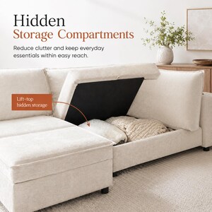 May include: A cream-colored sectional sofa featuring a lift-top hidden storage compartment. The text "Hidden Storage Compartments" and "Lift-top hidden storage" are visible. Inside the open storage area are two folded white and beige blankets.