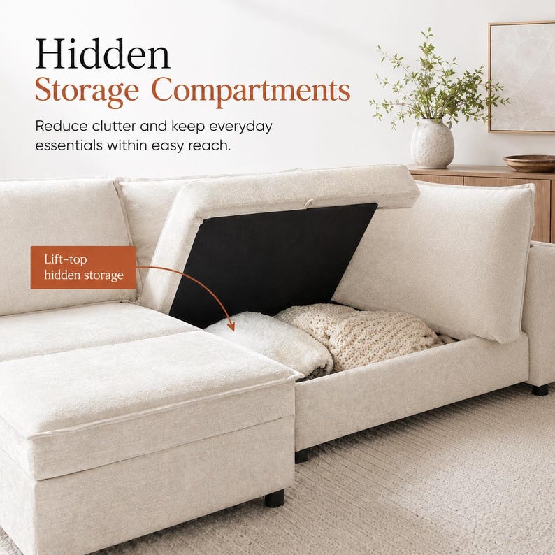May include: A cream-colored sectional sofa featuring a lift-top hidden storage compartment. The text "Hidden Storage Compartments" and "Lift-top hidden storage" are visible. Inside the open storage area are two folded white and beige blankets.