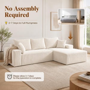 May include: A cream-colored corduroy sectional sofa with a chaise lounge, featuring three back cushions, two seat cushions, and two throw pillows. A beige throw blanket is draped over one arm. Text reads: No Assembly Required, 2-7 Days to Full Plumpness.