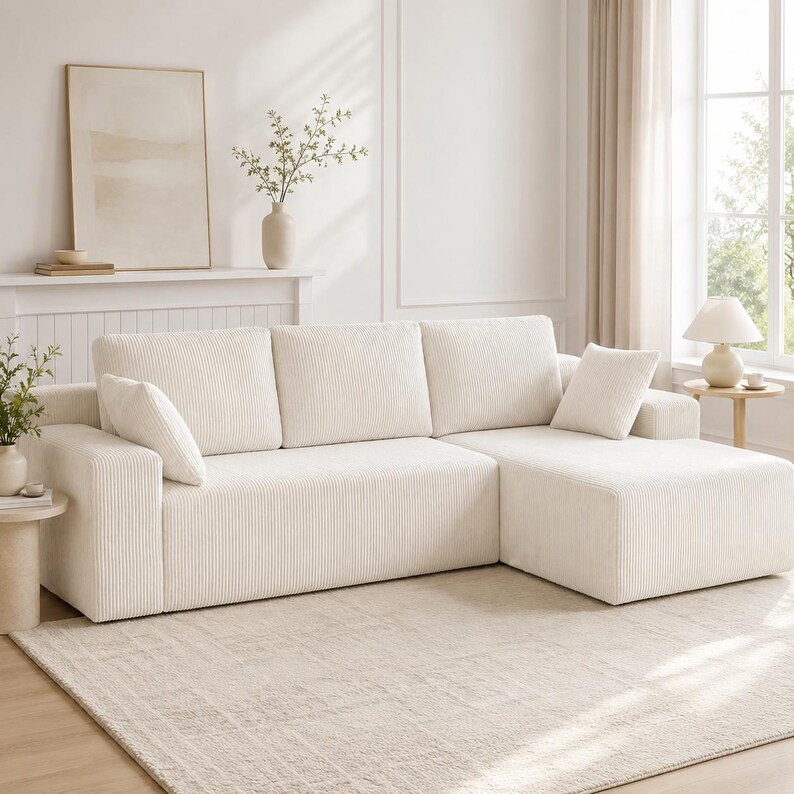 May include: A cream-colored sectional sofa upholstered in a textured corduroy fabric. The sofa features three back cushions, a chaise lounge section on the right, and two square throw pillows. The design includes clean lines and a low-profile frame.