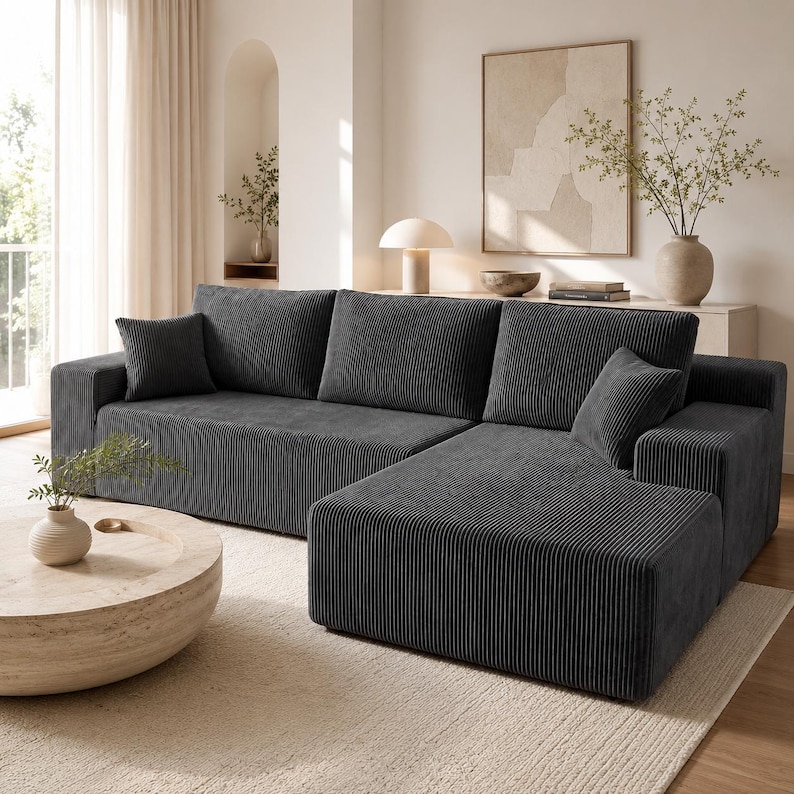 May include: A dark gray sectional sofa upholstered in a textured corduroy fabric. The sofa features a chaise lounge section on the right side, three large back cushions, and two matching square throw pillows positioned on the ends.