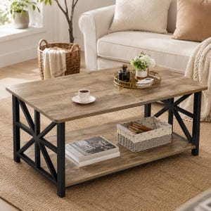 Farmhouse Coffee Table with Storage Shelf, Rounded Corners, Metal Frame