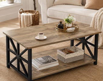 Farmhouse Coffee Table with Storage Shelf, Rounded Corners, Metal Frame