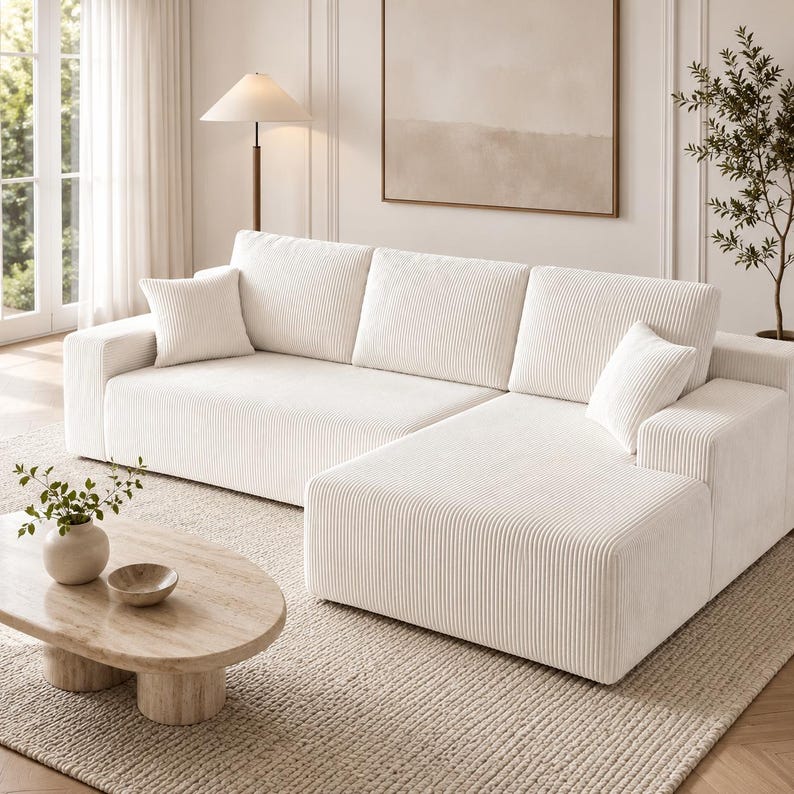 May include: A cream-colored sectional sofa with a corduroy texture, featuring a chaise lounge section, three back cushions, and two square throw pillows. The sofa has a low-profile design with wide armrests and a clean, structured silhouette.